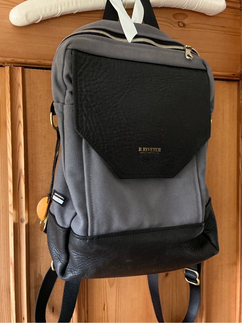 Gray and Black Women's Backpack with Front Flap from R. RIVETER - Picture 2 of 9